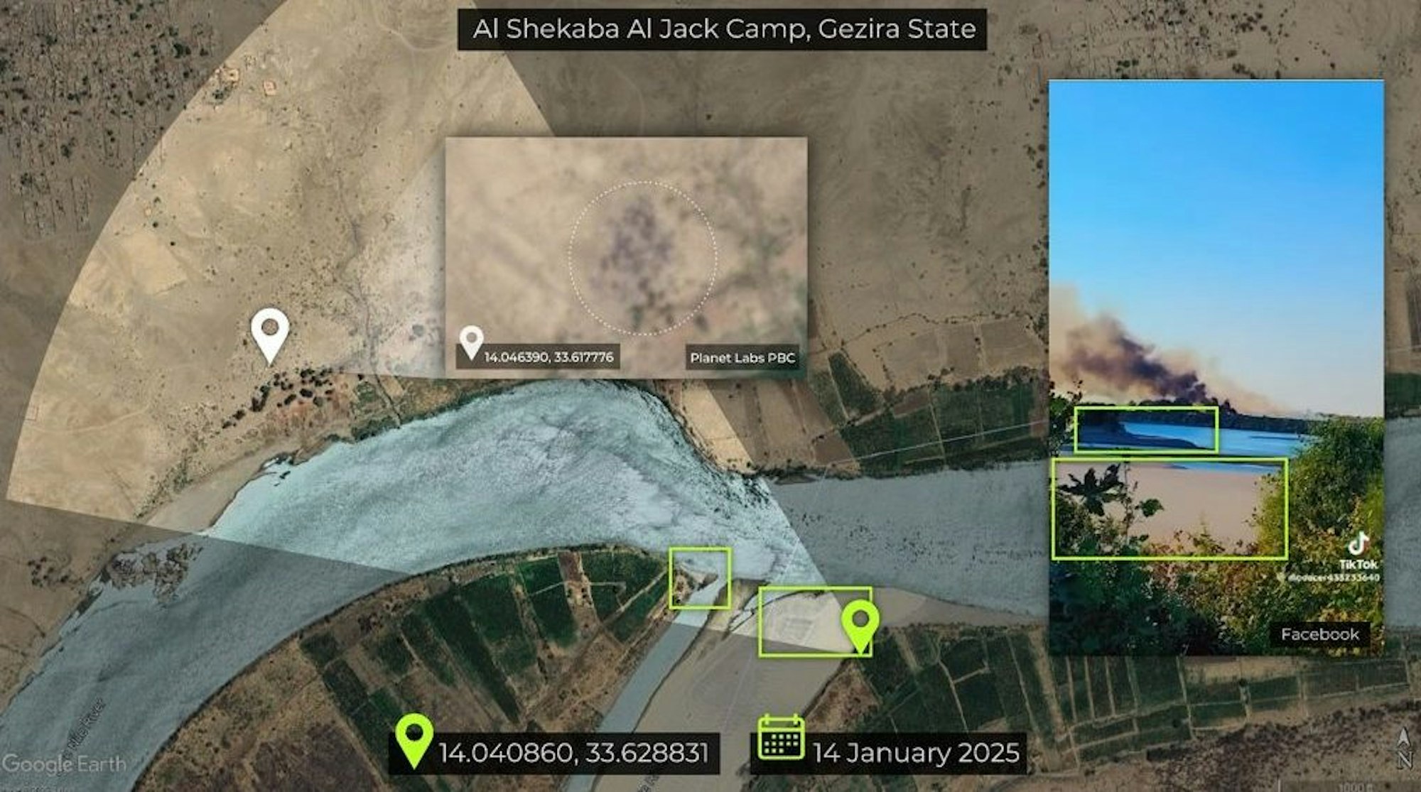 Figure 3: Geolocation of a video showing smoke plumes rising from a settlement southeast of Al Shekaba Al Jack town between 12 and 14 January. Source: Google Earth, Planet Labs PBC, Facebook