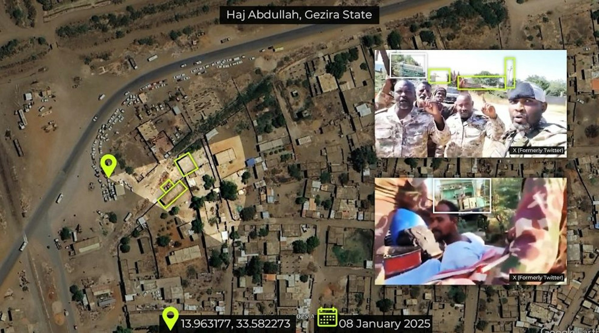 Figure 1: Geolocation of one video showing SAF, GIS and SAF-allied forces and another video showing a man in civilian clothing being detained by men in GIS uniform at the same location in Haj Abdullah on 08 January. Source: X, X, Google Earth