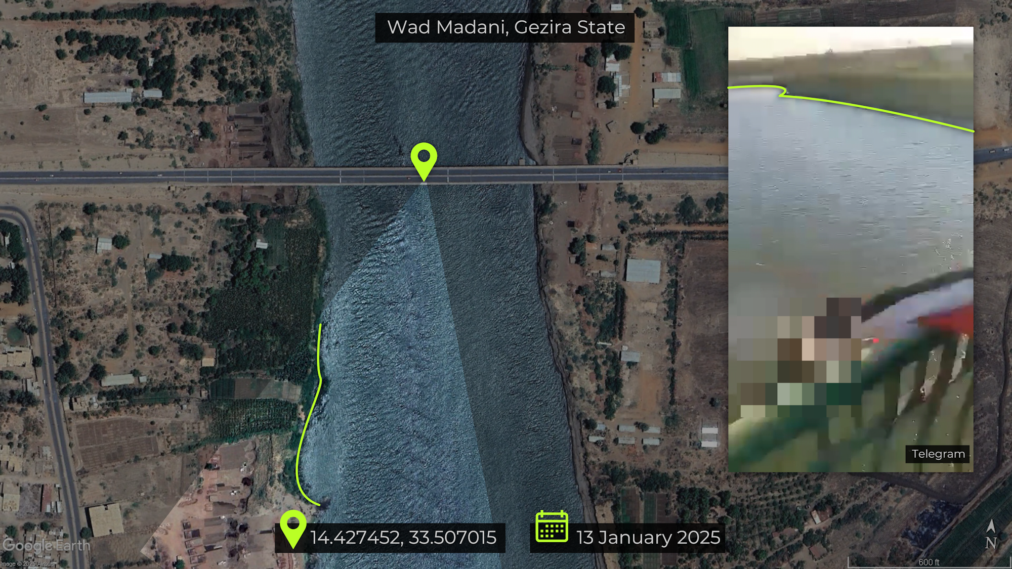 Figure 3: footage of men in military uniform pushing a man in civilian clothing being pushed off Hantoub Bridge near Wad Madani on 13 January [14.427452, 33.507015]. Source: Telegram, Google Earth.