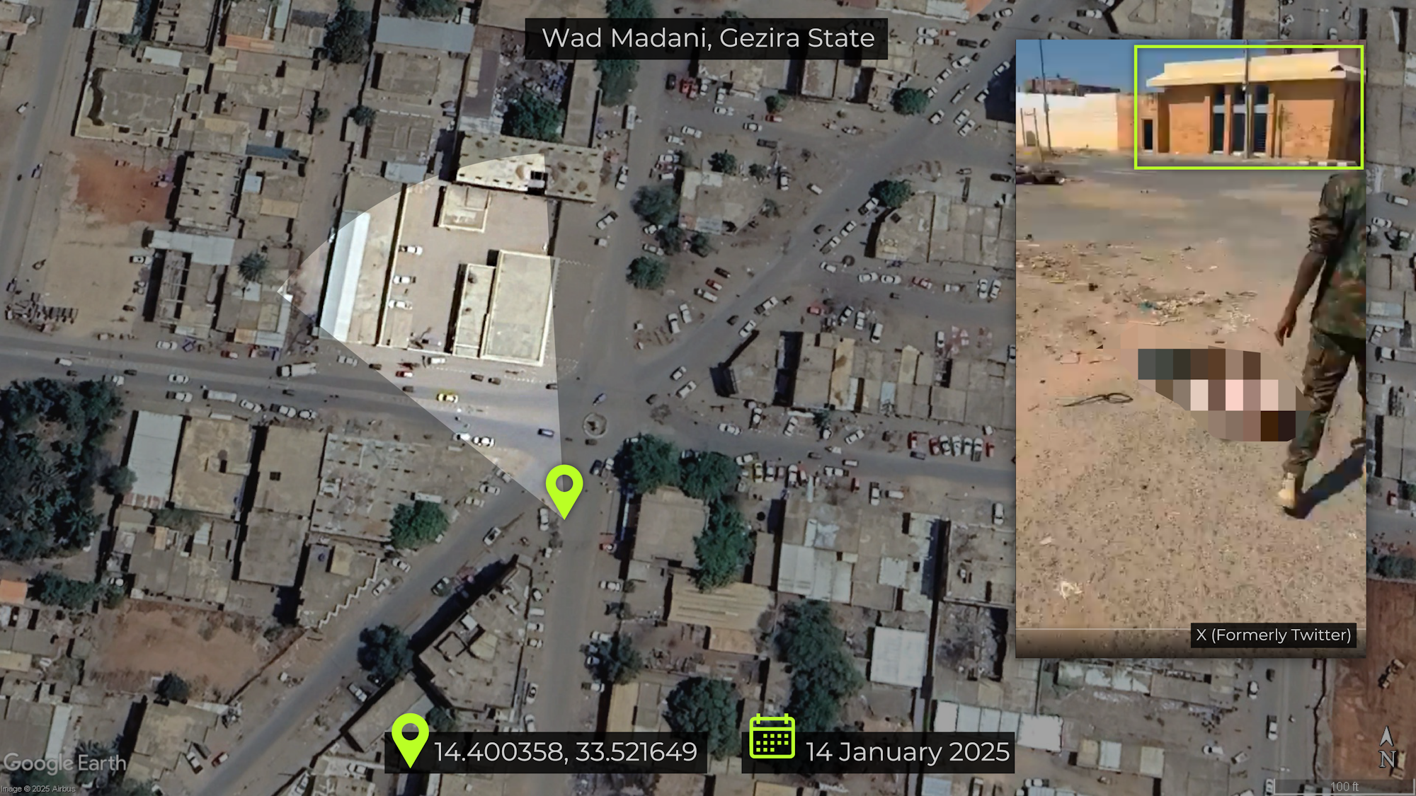 Figure 4: footage showing a man in military uniform standing next to the body of a man in civilian clothing in Wad Madani on 14 January [14.400358, 33.521649]. Source: Telegram, Google earth.