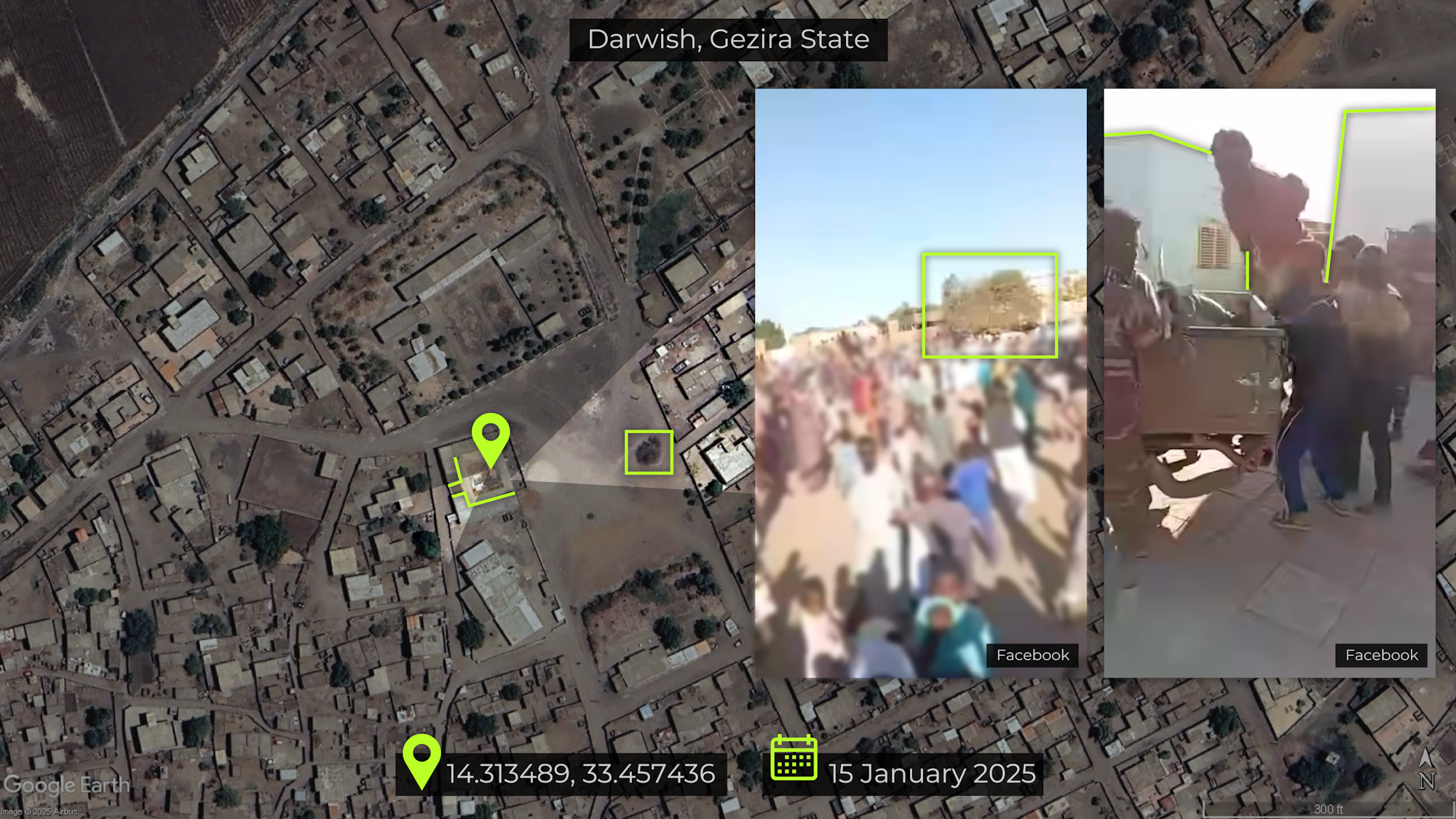 Figure 5: footage showing detention of men in civilian clothing in Darwish village on 14 January [14.313489, 33.457436]. Source: Facebook, Google Earth