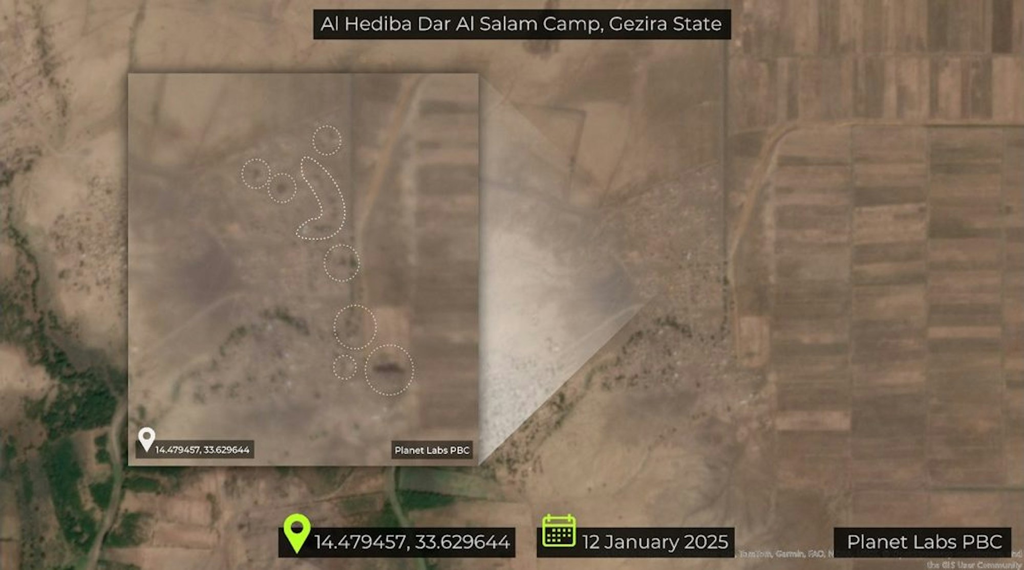 Figure 5: Burn scars visible on satellite imagery in Al Hediba Dar Al Salam camp between 11 and 12 January 2025. Source: Planet Labs PBC. Annotations by CIR.