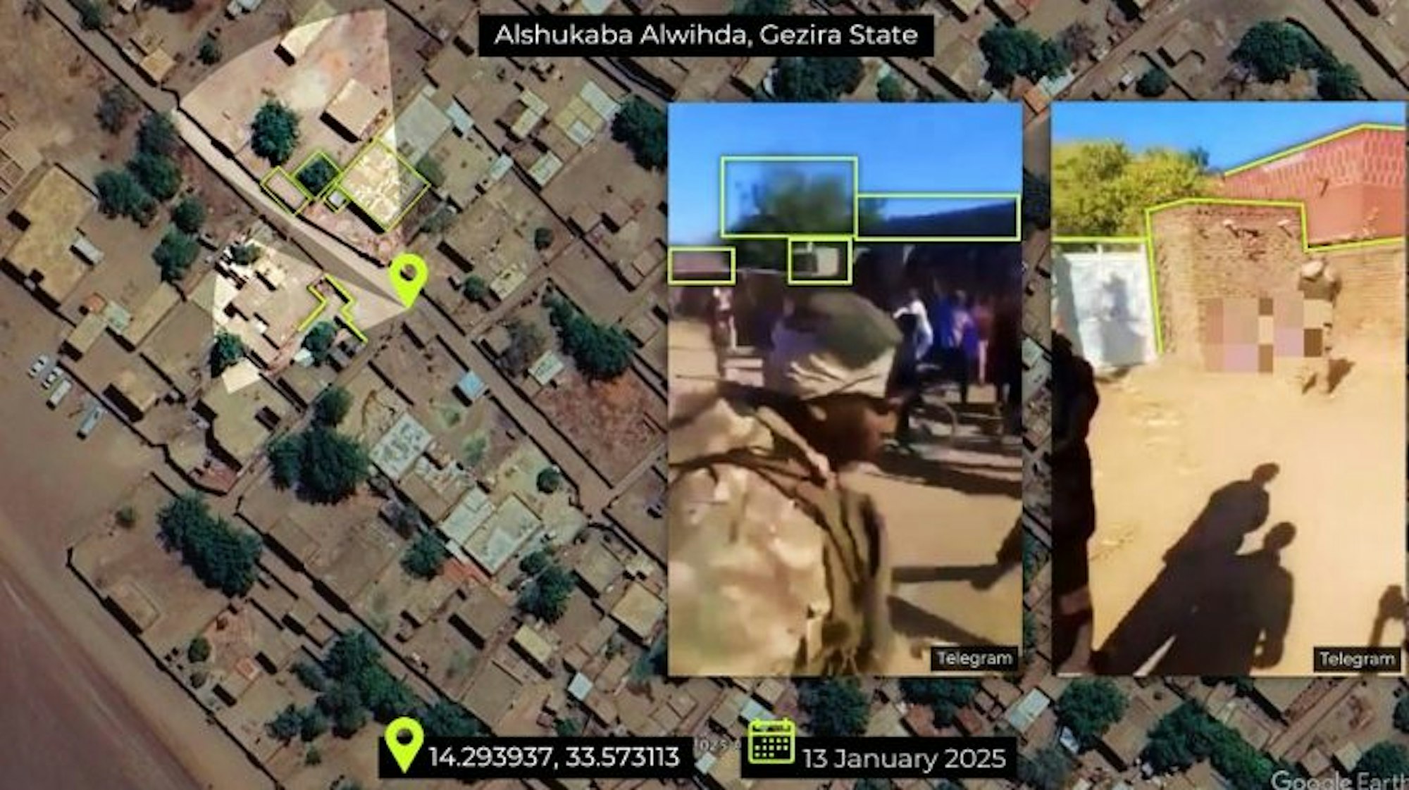 Figure 1: Geolocation of one video showing SAF, GIS and SAF-allied forces and another video showing a man in civilian clothing being detained by men in GIS uniform at the same location in Haj Abdullah on 08 January. Source: X, X, Google Earth