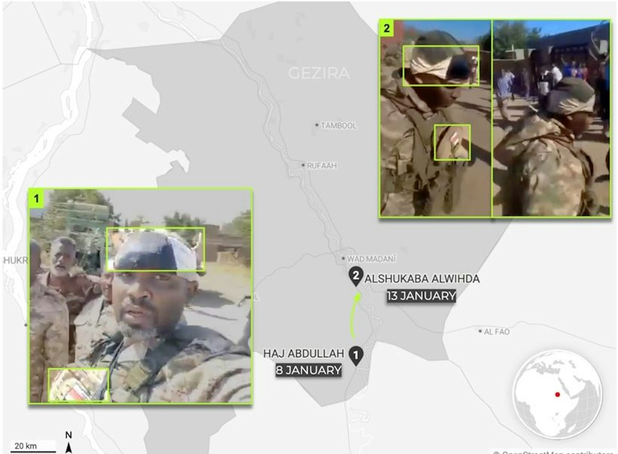 Figure 3: Map showing self-identified SMF fighter in Haj Abdullah and Alshukaba Alwihda in January 2025. Source: X, Telegram. OpenStreetMap Contributors.