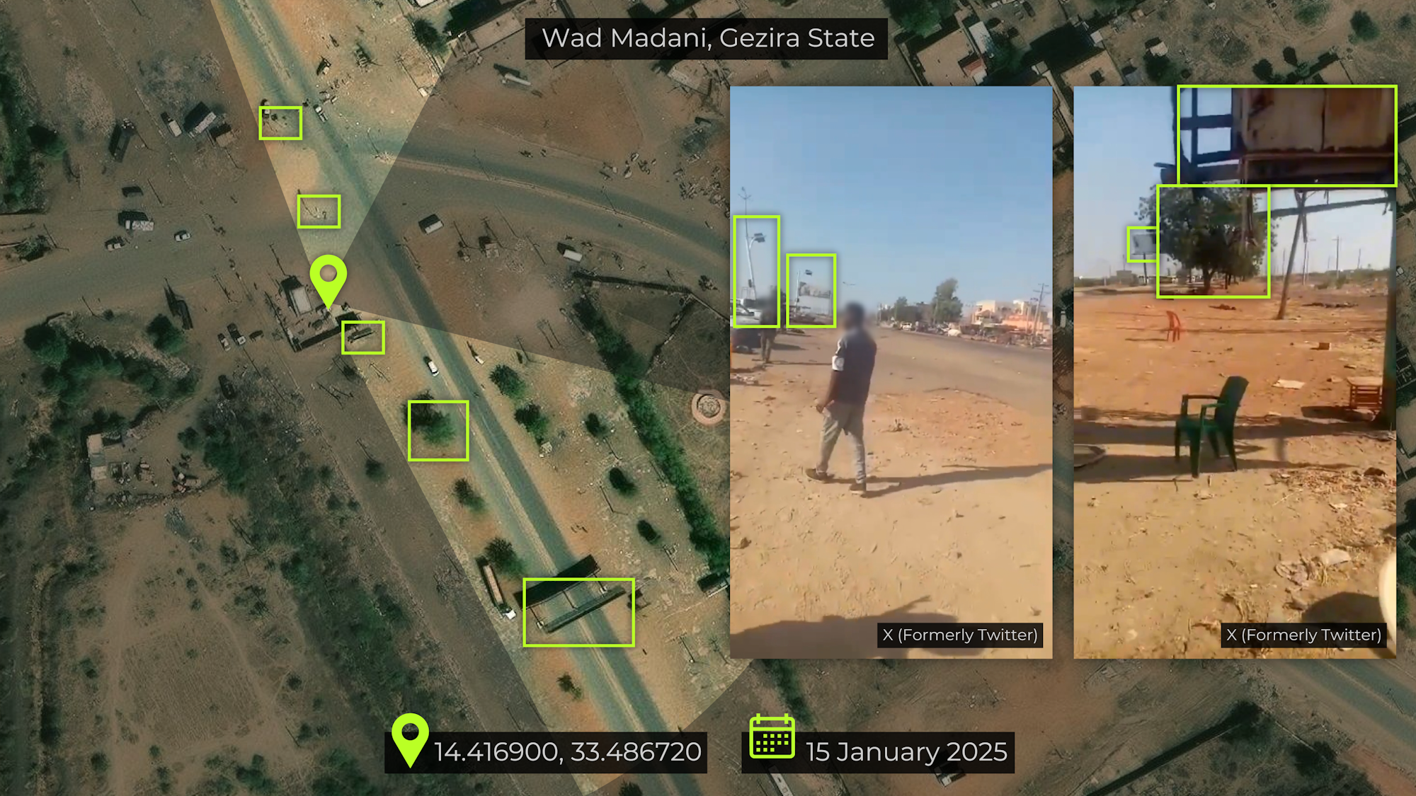 Figure 6: geolocation of footage showing bodies along Wad Kanan Street on 15 January [14.416900, 33.486720]. Source: X, Esri