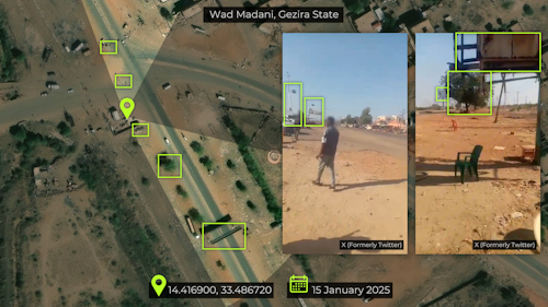 Figure 6: geolocation of footage showing bodies along Wad Kanan Street on 15 January [14.416900, 33.486720]. Source: X, Esri